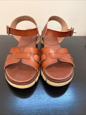 MIA Brown Leather Ankle-Strap Wedge Sandals
